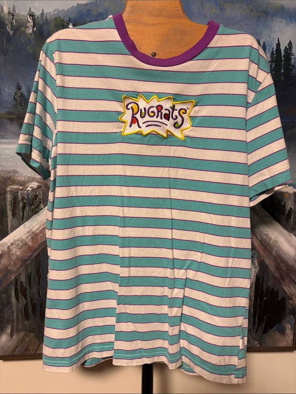 Nickelodeon Teal & White Striped Tee with Purple Neck